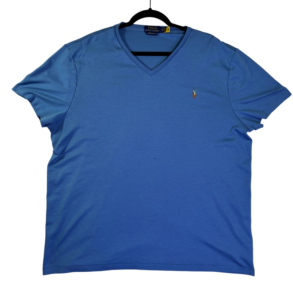 Polo Ralph Lauren Mens XXL Blue V-Neck Custom Slim Fit T-Shirt Short Sleeve Logo